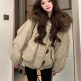 Shopmocho Solid Color Minimalist Horn Button Cotton Coat Fashionable Fur Collar Cow Horn Button Quilted Jacket Trendy Cotton Jacket