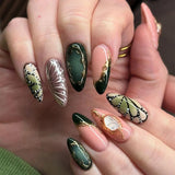 SHOPMOCHO 24Pcs Short Almond Fake Nails Butterfly Wings Nail Art with Glue Glitter Flower False Nails Acrylic Autumn Winter Press on Nail