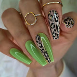 Shopmocho 24Pcs Long Coffin Leopard Print False Nails with Glue Sweet Cool Diamond Fake Nail Set Floral French Press on Wearable Nail Tips