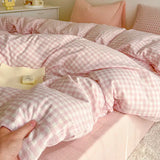 Shopmocho Pink Duvet Cover Set Classic Plaid Twin Queen Size Girls Boys Flat Sheet Pillowcase No Filler Soft Home Decor Bedding Set