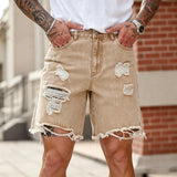 SHOPMOCHO Loose Hip-hop Denim Shorts Men's Streetwear Summer Ripped Hole Rock Biker Short Pants Fashion Khaki Knee-length American Jeans