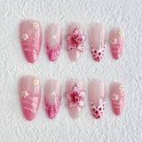 Shopmocho 10pcs French Almond Press on Nails Flower False Nails Wearable Stick-on Nails Fake Nail Uñas Postizas Mujer Накладные Ногти 네일팁
