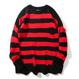 SHOPMOCHO Black Stripe Sweaters Destroyed Ripped Sweater Men Pullover Hole Knit Jumpers Men Oversized Sweatshirt Harajuku Long Sleeve Tops