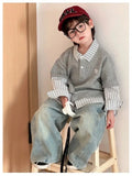 SHOPMOCHO Korean Children's Jeans Loose Straight Pants Wide Leg Cargo Pants for Boys Girls New Spring Autumn Kid's Denim Pocket Trousers