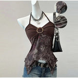 SHOPMOCHO Pink Sexy Spicy Girl Neck Hanging Strap Vest Women's Printed Mesh Splice Slim Fit Bared Chest Top Elegant Commute Style 2026