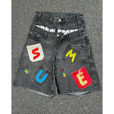 SHOPMOCHO American style hip-hop letter splicing denim shorts millennium retro personality fashion fake two-piece gothic rock