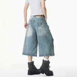 SHOPMOCHO Summer Trendy Men Jeans Ripped Loose Casual Man Pants Artistic Design Cropped Long Denim Trousers