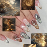 SHOPMOCHO 24pcs Golden Lines Patterns False Nails Dark Purple Blush French Fake Nails for Spice Girls Sweet Cool Almond Ins Nails Press On