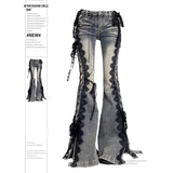 Shopmocho Women Dark Academia Goblin Core Harajuku Y2K Low Rise Lace Jeans Abi Denim Flare Pants Bell-Bottom Y2k Japanese Goth Gyaru Kpop