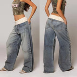 Shopmocho Baggy Retro Jeans for Women Y2k Hip Hop Splice Fashion Jeans Basics Simple  Wide Leg Pants Cargo Pants American Street Clothes