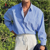 Shopmocho Men's Blue Vertical Striped Long-Sleeved Shirt, Korean Style High Quality Casual  Shirt Coat， Travel ，Hiking