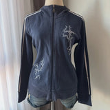 SHOPMOCHO Y2K Striped Embroidered Jacket Harajuku Classic Retro Navy Blue Collared Zip Up Hoodie Goth Geometric Print Slim Fit Sweatshirt