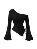 SHOPMOCHO women's New off shoulder cross long sleeved slim fit casual street style asymmetrical elegant T-shirt trumpet sleeve top