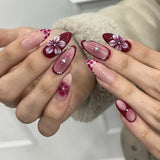 SHOPMOCHO 24PCS Simple Ins Dark Pink Blush 3D Flower Almond False Nails with Glue Leopard Print French Spice Girls Fake Nail Tips Press On