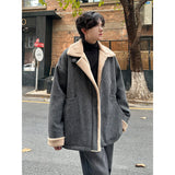SHOPMOCHO Men Winter Berber Fleece Jacket Parka Coat Mens Multi-pockets Stand Collar Casual Thick Warm Jacket Man Khaki/Dark Gray