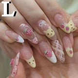 Shopmocho 10Pcs Almond Press on Nails with Pink Strawberry Bear Design Acrylic False Nails Cute Full Cover Sweet Girl Wearable Nail Tips