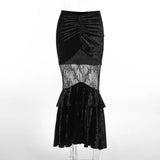 Shopmocho Goth Dark Ruched Vintage Gothic Aesthetic Velvet Skirts Grunge Mesh Splice Sexy Mermaid Skirt Women High Waist Elegant Partywear