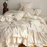 SHOPMOCHO Double-layered Ruffles Lace Bow Princess Bedding Set Cotton Linen Blend Duvet Cover Set Flat/Fitted Bed Sheet Pillowcases 4Pcs
