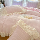 Shopmocho Pink Korean Princess Style Lace Ruffles Bedding Set Skin-friendly Seersucker Duvet Cover Set Fitted Sheet/Bed Sheet Pillowcases
