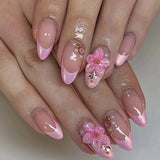 Shopmocho Pink Yellow Halo Dyeing Flower Water Ripple Summer False Nails Leopard Long Pointed Fake Nails Art Press on Nails Charm Manicure