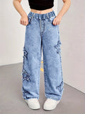 SHOPMOCHO Girl's Denim Pants, Y2K Five-Star Patch Embroidery Pattern Straight-Leg Denim Pants, Holiday-Style Pants