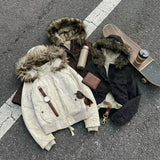 Shopmocho Women Y2K Winter Hooded Jacket Short Bomber Coat Faux Fur Collar Warm Casual Streetwear Zipper Outerwear Fashion Ladies Clothes