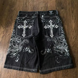 SHOPMOCHO Baggy Y2K New Trend Harajuku Hip-Hop Rock Joker Street Mens Sports Pants Gothic Retro Embroidery Loose American Denim Shorts