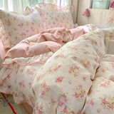 SHOPMOCHO Ruffles Bedding Set Floral Style Duvet Cover Pillowcase with Bedsheet Skin-friendly Bed Linen Set Girls Room Bedclothes
