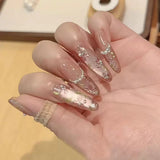 SHOPMOCHO 10Pcs Fashion Gentle Handwork Press On Nails French Style Flowers Butterfly Rhinestone Pearl Design Detachable False Nails Gift