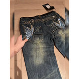 SHOPMOCHO Harajuku Streetwear Women Low Waist Flare Denim Jeans Y2K Vintage Washed Distressed Butterfly Embroidery Rivet Zipper Trousers