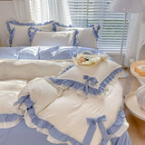 SHOPMOCHO Spring Green Princess Bedding Set Double Layer Lace Bow Quilt Cover Sheet And Pillowcase Simple Pastoral Girl Home Textiles
