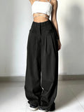 SHOPMOCHO Women's Black High Waist Wide Leg Suit Pants Pleated Front Side Tie Detail Loose Fit Casual Streetwear Spring Summer Trousers