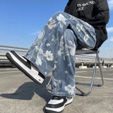 SHOPMOCHO Printed Jeans 2025 Spring Korean Style Mens New Floral Denim Pant High Street Loose Straight Couples Trousers baggy hosen herren