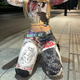 Shopmocho Y2K High Street Retro Graffiti Printed Baggy Jeans Women Streetwear Hip Hop Loose Japanese Millennium Casual Straight Jeans
