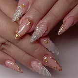 Shopmocho Fish Scale Glitter Powder Long Pointed Fake Nail Shell Pearl Cat Eye Starfish Summer Ripple False Nails Art Charm Press on Nails