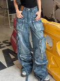 SHOPMOCHO  Women Cargo Jeans Vintage Multi Pocket Wide Leg Washed Streetwear Baggy Summer 2026 New 05E02798