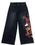 Shopmocho Dragon Graffiti Embroidery Dark Blue Loose Wide Leg Distressed Jeans Y2K High Waist Men Women Vintage Casual Daily Streetwear