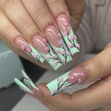 Shopmocho 24pcs Rhinestones Full Cover Nail Art Datachable Glitter French Press on Nails Tip Flower Long Square Fake Nail Pink False Nails