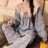SHOPMOCHO Women's Sweet Print Pajamas Set Long Sleeve Top And Trousers 2 Piece Sleepwear Autumn Casual Loose Lace Loungewear