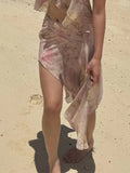 Shopmocho Rockmore Bohemian Floral Printed Mesh Skirt with Asymmetrical Ruffled Hem Romantic Elegant Beach Vacation Skirts for Summer