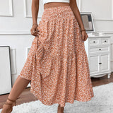 Shopmocho Women's Fashion Pleated Floral Print Elastic Waist Loose Splicing A Line Skirt Skirts for Women Women's Skirt Skirts for Women