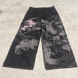 SHOPMOCHO New Black Wide Leg Denim Jeans Men Dragon Print Cherry Blossom Embroidery Vintage Washed Loose Harajuku Streetwear Casual Pants
