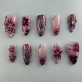 SHOPMOCHO 24pcs Flower Print Press on Nails Wine Red Blush Almond False Nail Tips Wearable Reusable Summer Spicy Girl Fake Nails
