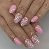 Shopmocho Pink Yellow Halo Dyeing Flower Water Ripple Summer False Nails Leopard Long Pointed Fake Nails Art Press on Nails Charm Manicure