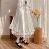 SHOPMOCHO Fashion Sweet Midi Skirt Women Lace Patchwork Bow Preppy Fall Loose Casual Skirts Japanses Ruffle High Waist Solid Chic Skirt