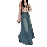 Shopmocho Spring Summer New Sweet Cool Retro Distressed Denim High Waist A- Line Long Skirt Women's Wrap Body Skirt Cotton Pure Color