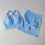 Shopmocho 2 Pcs Yoga Sets Women High Waist Workout Outfits Gym Wear Gym Clothing Sports Suits Fitness Tracksuit Sportswear Shorts Suit