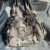 SHOPMOCHO Grey Leopard Print Hangbag Cross Star Subculture Y2k Shoulder Bags Hot Girl Tote Large Capacity Portable Messenger Bag 2026 New