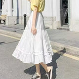 SHOPMOCHO-Casual Vintage Women Skirt Matching Chic Lady's White Skirt Sweet Girl's Cake Skirt Elastic Waist A-Line Mid Length Flare Skirt