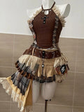 SHOPMOCHO Y2K Pink Two Piece Streetwear Punk Off Shoulder Tops Gothic Lace Spliced ballet Tutu Mini Puff Skirt Rock Sexy Two Piece Set